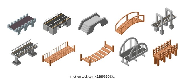 Isometric river roads. Canal bridges. Tower engineering. Modern water highway and landmark. Building construction. Wooden and stone footbridges. Vector illustration cityscape elements set svg