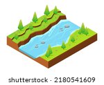 isometric river with trees on side