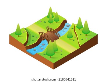 isometric river with wooden bridge and trees