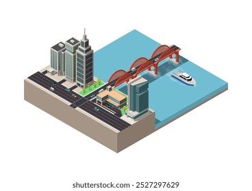 Edifícios isométricos ribeirinhos com pontes, rodovias e navios