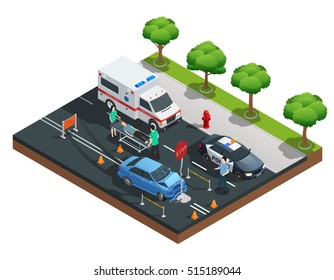 Isometric Road Accident Composition With Car Bumped Into Traffic Sign And Injured Driver On Emergency Stretcher Vector Illustration 