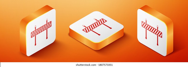Isometric Road barrier icon isolated on orange background. Fence of building or repair works. Hurdle icon. Orange square button. Vector.