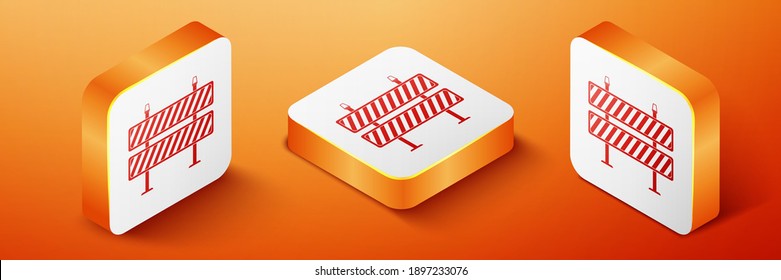 Isometric Road barrier icon isolated on orange background. Restricted area which are in under construction processes. Fence of building or repair works sign. Orange square button. Vector.