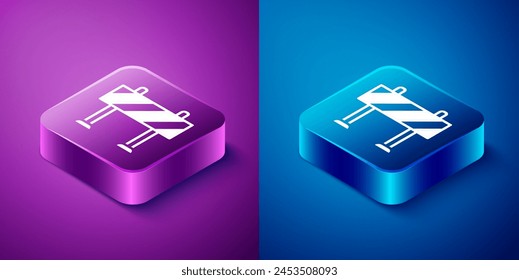 Isometric Road barrier icon isolated on blue and purple background. Symbol of restricted area which are in under construction processes. Repair works. Square button. Vector