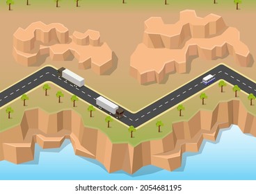 Isometric road between river and rock