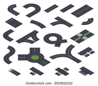 Isometric road collection. Construction, roads street and pavement. Asphalt highway in perspective, urban city map way exact vector elements