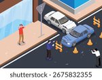 Isometric Road collision at intersection composition with cars involved in traffic accident and police vehicle vector illustration