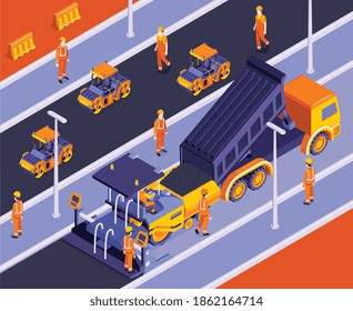 Isometric road construction composition with outdoor scenery and road machinery with characters of builders in uniform vector illustration