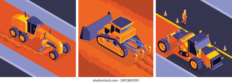 Concepto de construcción de carreteras isométricas con composiciones cuadradas de maquinaria vial en diferentes etapas de construcción de autopistas ilustración vectorial