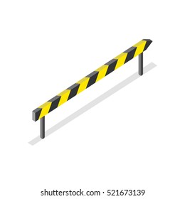 Isometric Road Construction, Roadblock Sign. Yellow And Black Warning Sign With Shadow. Yellow And Black Striped Traffic Road Sign. City Isometric Object In Flat. Drive Safety.