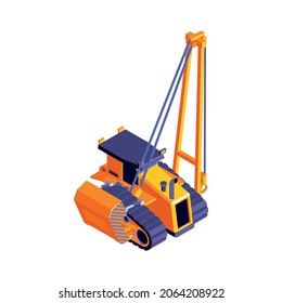 Isometric road construction roller composition with isolated image of hydraulic crane vector illustration
