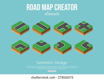 Isometric road creator elements for city building. Vector illustration.