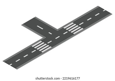 Isometric road element for highway city street map traffic creation. Asphalt part of road or route with cross and junction