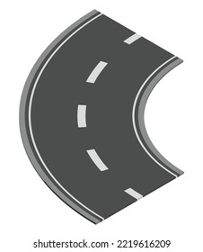 Isometric road element for highway city street map traffic creation. Asphalt part of road and route with curve