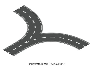 Isometric road element for highway city street map traffic creation. Asphalt part of road and route with curve and crosses