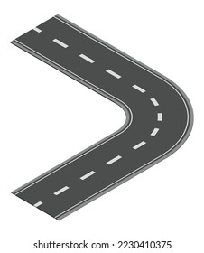 Isometric road element for highway city street map traffic creation. Asphalt part of road and route with curve