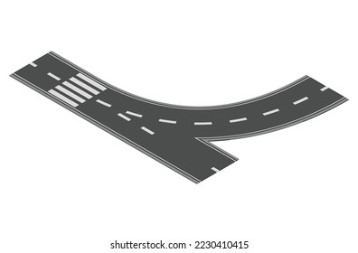 Isometric road element for highway city street map traffic creation. Asphalt part of road and route with curve and crosses
