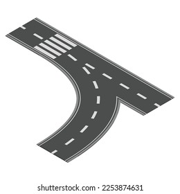 Isometric road element for highway city street map traffic creation. Asphalt part of road and route with curve and crosses