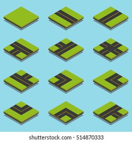 isometric road elements. Vector illustration. Constructor roads in isometric. Road icons. Road set. Isometric road creator elements for city building. Isometric road vector. Roads creator Isometric