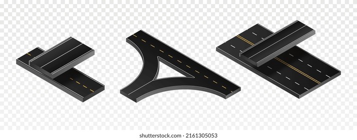 Isometric road flyover set. Collection of bridge for cars, city traffic and transport. Various paths and streets of town. Cartoon isometric vector illustrations isolated on transparent background