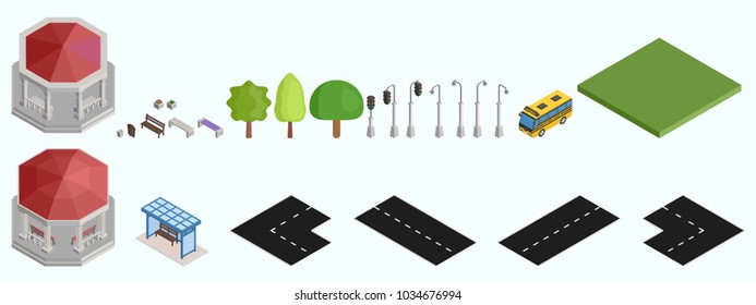 Isometric Road Gazebo Lamp Benches Designer Vector
