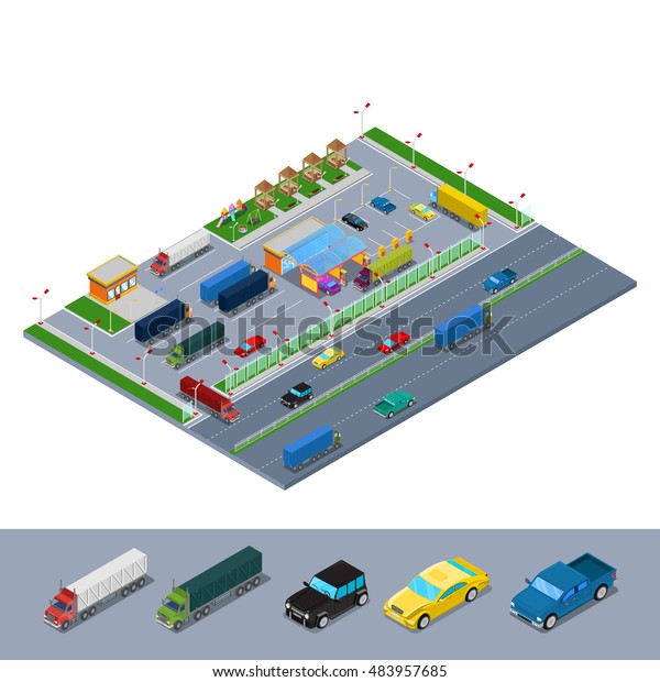 Isometric Road\
Highway Infrastructure with Fuel Station Truck Parking and Rest\
Area. Vector 3d Flat\
illustration