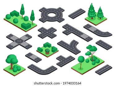 Isometric road and nature elements. Asphalt street, ring road, crossroad. Tree plants, bushes for city map landscape design vector set. Town construction for transportation, nature squares