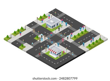 Isometric road park with houses, streets, people and trees. For game and website design.