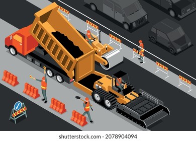Isometric road repair horizontal composition with outdoor view of motorway section with barriers workers and machinery vector illustration