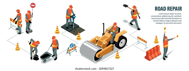 Isometric road repair infographics with editable text and characters of workers with machinery tools and cones vector illustration