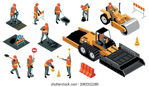 Isometric road repair set with isolated icons of traffic signs machinery characters of repairmen in uniform vector illustration