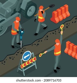Isometric road repair square composition with outdoor view of workers breaking old asphalt with uniform instruments vector illustration