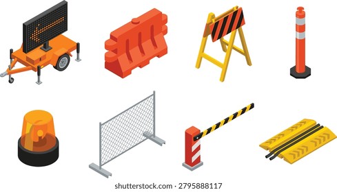 Isometric Road Safety and Traffic Control Equipment Vector Icon Set for Construction Site Management and Public Safety
