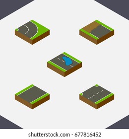 Isometric Road Set Of Asphalt, Incomplete, Plash And Other Vector Objects. Also Includes Bitumen, Puddle, Asphalt Elements.