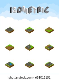 Isometric Road Set Of Bitumen, Asphalt, Downward And Other Vector Objects. Also Includes Lane, Asphalt, Down Elements.