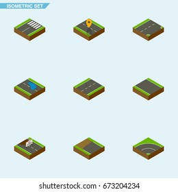 Isometric Road Set Of Cracks, Footer, Navigation And Other Vector Objects. Also Includes Bitumen, Road, Plash Elements.