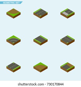 Isometric Road Set Of Downward, Sand, Footpassenger Vector Objects. Also Includes Footpassenger, Unfinished, Strip Elements.