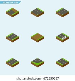 Isometric Road Set Of Driveway, Cracks, Down And Other Vector Objects. Also Includes Highway, Flat, Incomplete Elements.