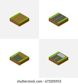 Isometric Road Set Of Driveway, Footpath, Unfinished And Other Vector Objects. Also Includes Pedestrian, Road, Unfinished Elements.