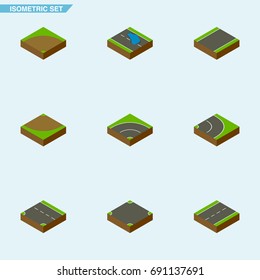 Isometric Road Set Of Driveway, Plash, Crossroad And Other Vector Objects. Also Includes Lane, Puddle, Intersection Elements.