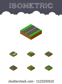 Isometric road set of footpassenger, down, asphalt and other vector objects. Also includes road, bitumen, pedestrian elements.