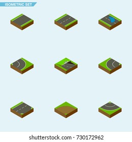 Isometric Road Set Of road. Also Includes Puddle, Strip, Asphalt Elements.