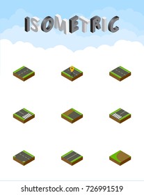 Isometric Road Set Of Incomplete, Footpassenger, Turning And Other Vector Objects. Also Includes Road, Driveway, Unfinished Elements.