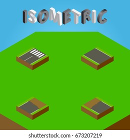 Isometric Road Set Of Incomplete, Unfinished, Footer And Other Vector Objects. Also Includes Unfinished, Strip, Incomplete Elements.