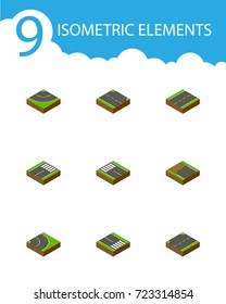 Isometric Road Set Of Incomplete, Upwards, Pedestrian And Other Vector Objects. Also Includes Road, Bitumen, Single Elements.