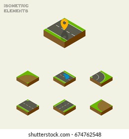 Isometric Road Set Of Navigation, Plash, Sand Vector Objects. Also Includes Right, Road, Cracks Elements.