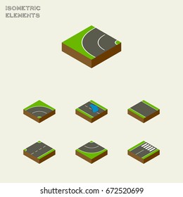Isometric Road Set Of Plash, Bitumen, Road And Other Vector Objects. Also Includes Plash, Road, Footer Elements.