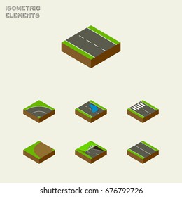 Isometric Road Set Of Plash, Bitumen, Single-Lane And Other Vector Objects. Also Includes Plane, Asphalt, Turning Elements.