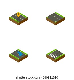Isometric Road Set Of Plash, Navigation, Footpassenger And Other Vector Objects. Also Includes Footpassenger, Footer, Road Elements.