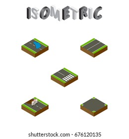 Isometric Road Set Of Plash, Plane, Pedestrian And Other Vector Objects. Also Includes Under, Puddle, Road Elements.